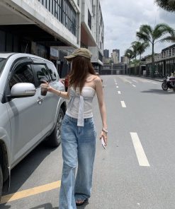 Backless Striped Slimming Top with Tie Design - Summer Retro Fashion for Women