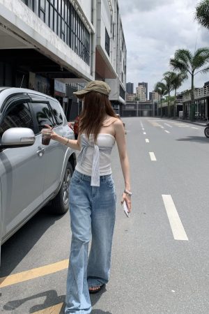 Backless Striped Slimming Top with Tie Design - Summer Retro Fashion for Women