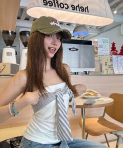 Backless Striped Slimming Top with Tie Design - Summer Retro Fashion for Women