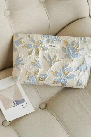Baggy Look Outfit, Printed Skirt Outfits - Soft Girl Gold Flower Makeup Bag
