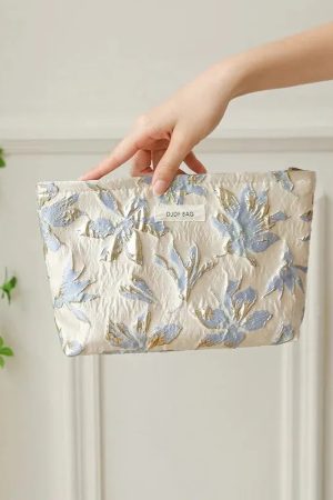 Baggy Look Outfit, Printed Skirt Outfits - Soft Girl Gold Flower Makeup Bag