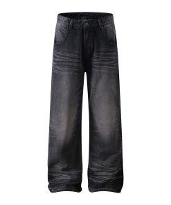 Baggy Loose Gray-Black Denim Pants with Crinkled Cat Whiskers - Summer Casual Straight Leg Style for 90s and Y2K Fashion