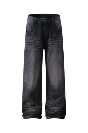 Baggy Loose Gray-Black Denim Pants with Crinkled Cat Whiskers - Summer Casual Straight Leg Style for 90s and Y2K Fashion