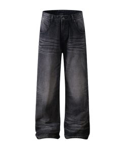 Baggy Loose Gray-Black Denim Pants with Crinkled Cat Whiskers - Summer Casual Straight Leg Style for 90s and Y2K Fashion