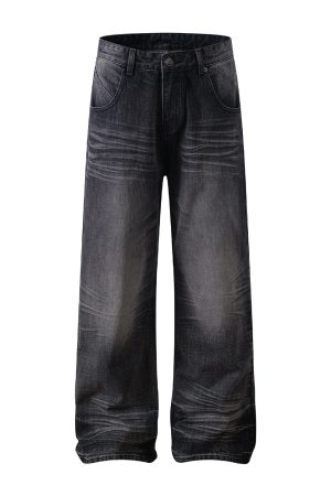 Baggy Loose Gray-Black Denim Pants with Crinkled Cat Whiskers - Summer Casual Straight Leg Style for 90s and Y2K Fashion