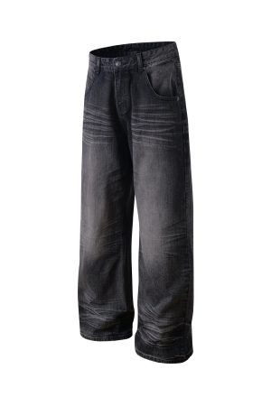 Baggy Loose Gray-Black Denim Pants with Crinkled Cat Whiskers - Summer Casual Straight Leg Style for 90s and Y2K Fashion