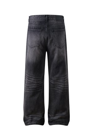Baggy Loose Gray-Black Denim Pants with Crinkled Cat Whiskers - Summer Casual Straight Leg Style for 90s and Y2K Fashion