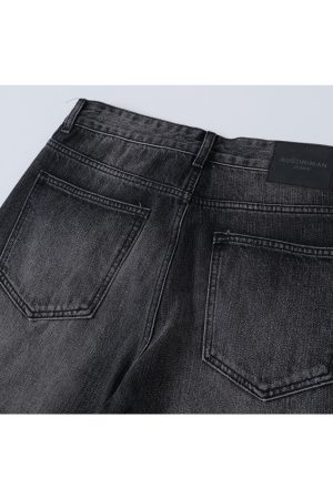 Baggy Loose Gray-Black Denim Pants with Crinkled Cat Whiskers - Summer Casual Straight Leg Style for 90s and Y2K Fashion