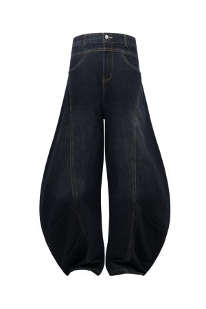 Baggy Washed Blue Vintage Wide-Leg Jeans with Curved Knife Design - Trendy Summer 2025 Fashion for a Y2K Look