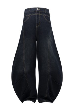 Baggy Washed Blue Vintage Wide-Leg Jeans with Curved Knife Design - Trendy Summer 2025 Fashion for a Y2K Look