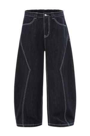 Baggy Wide-Leg Denim Jeans in Original Color - Trendy Loose Fit with Three-Dimensional Design for Effortless 90s Style