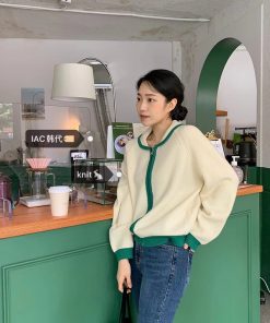 Bamboo Green Striped Knit Zip-Up Cardigan - Thick Knit, Korean Style Fashion