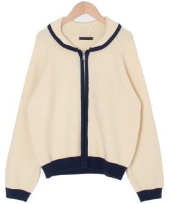 Bamboo Green Striped Knit Zip-Up Cardigan - Thick Knit, Korean Style Fashion