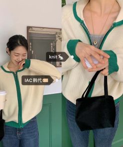 Bamboo Green Striped Knit Zip-Up Cardigan - Thick Knit, Korean Style Fashion