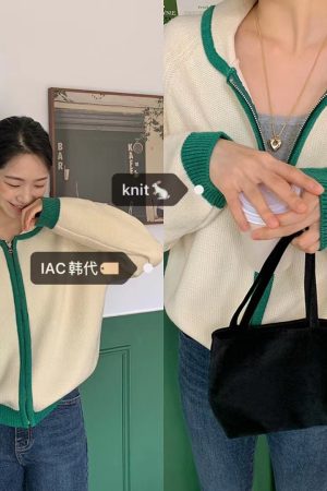 Bamboo Green Striped Knit Zip-Up Cardigan - Thick Knit, Korean Style Fashion
