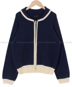 Bamboo Green Striped Knit Zip-Up Cardigan - Thick Knit, Korean Style Fashion