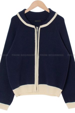 Bamboo Green Striped Knit Zip-Up Cardigan - Thick Knit, Korean Style Fashion