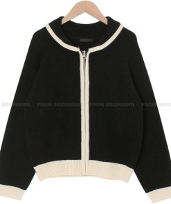 Bamboo Green Striped Knit Zip-Up Cardigan - Thick Knit, Korean Style Fashion