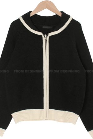Bamboo Green Striped Knit Zip-Up Cardigan - Thick Knit, Korean Style Fashion