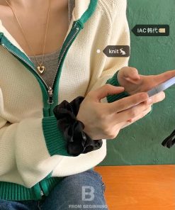 Bamboo Green Striped Knit Zip-Up Cardigan - Thick Knit, Korean Style Fashion