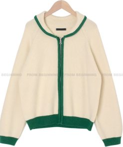 Bamboo Green Striped Knit Zip-Up Cardigan - Thick Knit, Korean Style Fashion