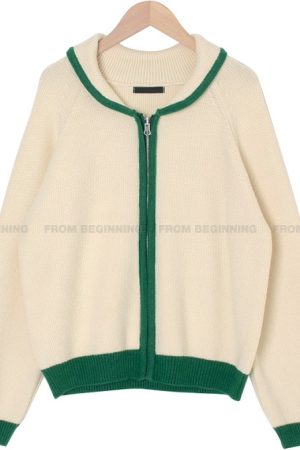 Bamboo Green Striped Knit Zip-Up Cardigan - Thick Knit, Korean Style Fashion