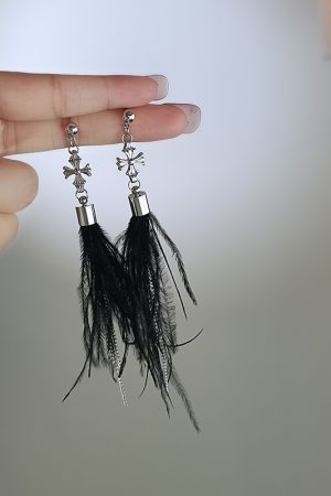 Baroque Cross Feather Tassel Earrings - Minimalist Ethereal Drop Earrings for Women, Unique Autumn Winter Fashion Accessories