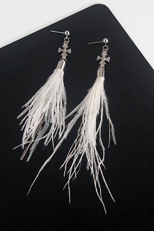 Baroque Cross Feather Tassel Earrings - Minimalist Ethereal Drop Earrings for Women, Unique Autumn Winter Fashion Accessories