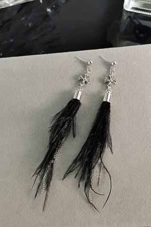 Baroque Cross Feather Tassel Earrings - Minimalist Ethereal Drop Earrings for Women, Unique Autumn Winter Fashion Accessories