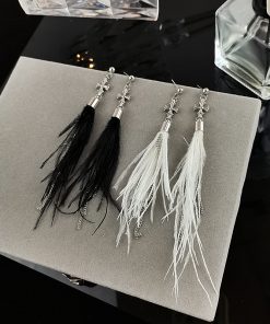 Baroque Cross Feather Tassel Earrings - Minimalist Ethereal Drop Earrings for Women, Unique Autumn Winter Fashion Accessories