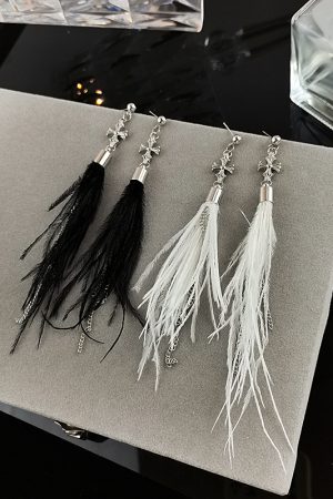 Baroque Cross Feather Tassel Earrings - Minimalist Ethereal Drop Earrings for Women, Unique Autumn Winter Fashion Accessories