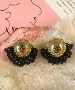 Baroque Crystal Handmade Fan-Shaped Drop Earrings - Vintage French Style with Japanese & Korean High-End Luxury Design