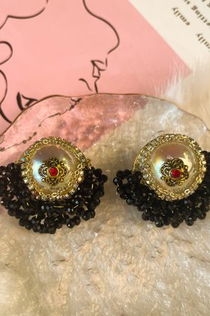 Baroque Crystal Handmade Fan-Shaped Drop Earrings - Vintage French Style with Japanese & Korean High-End Luxury Design