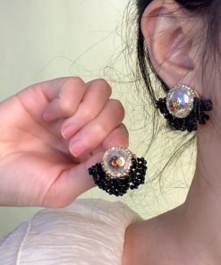 Baroque Crystal Handmade Fan-Shaped Drop Earrings - Vintage French Style with Japanese & Korean High-End Luxury Design