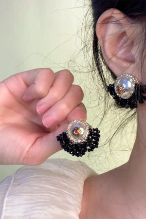 Baroque Crystal Handmade Fan-Shaped Drop Earrings - Vintage French Style with Japanese & Korean High-End Luxury Design