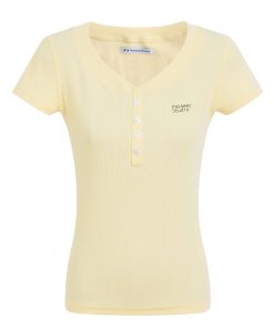 Basic Buttoned Slim Fit Short Sleeve T-Shirt for Women, Shoulder V-Neck, Summer Slimming Style, Versatile Casual Top