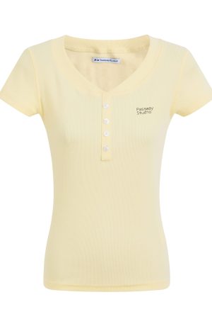 Basic Buttoned Slim Fit Short Sleeve T-Shirt for Women, Shoulder V-Neck, Summer Slimming Style, Versatile Casual Top