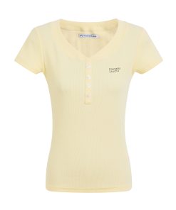 Basic Buttoned Slim Fit Short Sleeve T-Shirt for Women, Shoulder V-Neck, Summer Slimming Style, Versatile Casual Top