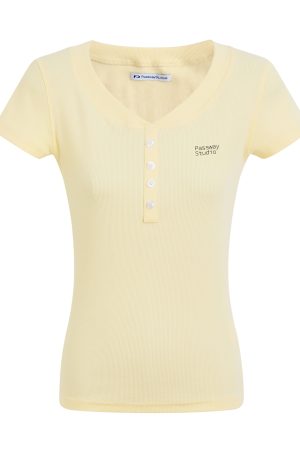Basic Buttoned Slim Fit Short Sleeve T-Shirt for Women, Shoulder V-Neck, Summer Slimming Style, Versatile Casual Top