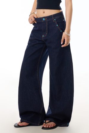 Beaded Blue Denim Wide-Leg Pants for Women, Slim-Fit Curved Knife Design, American Washed Style, Trendy Casual Fashion