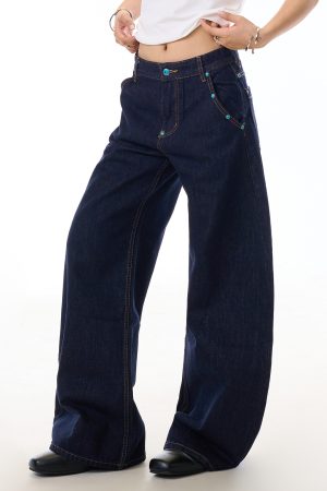 Beaded Blue Denim Wide-Leg Pants for Women, Slim-Fit Curved Knife Design, American Washed Style, Trendy Casual Fashion