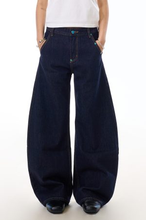 Beaded Blue Denim Wide-Leg Pants for Women, Slim-Fit Curved Knife Design, American Washed Style, Trendy Casual Fashion