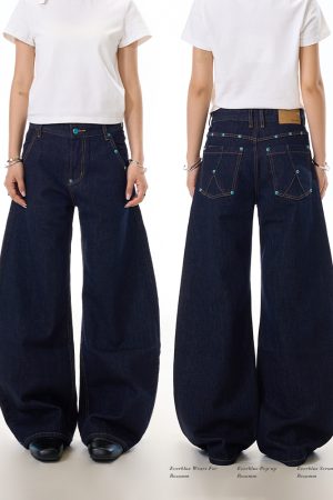 Beaded Blue Denim Wide-Leg Pants for Women, Slim-Fit Curved Knife Design, American Washed Style, Trendy Casual Fashion