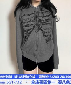 Beaded Chain Rib Print Zipper Hoodie - Loose Versatile Subculture Jacket for Y2K & Streetwear Style