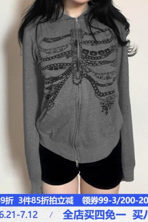Beaded Chain Rib Print Zipper Hoodie - Loose Versatile Subculture Jacket for Y2K & Streetwear Style