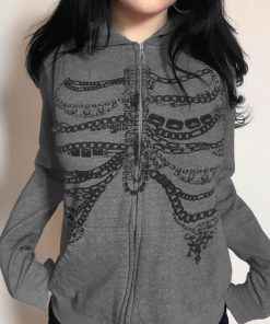 Beaded Chain Rib Print Zipper Hoodie - Loose Versatile Subculture Jacket for Y2K & Streetwear Style