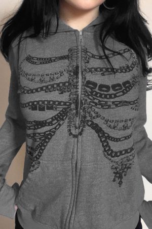 Beaded Chain Rib Print Zipper Hoodie - Loose Versatile Subculture Jacket for Y2K & Streetwear Style