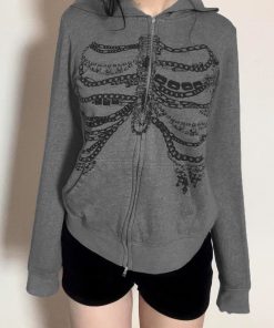 Beaded Chain Rib Print Zipper Hoodie - Loose Versatile Subculture Jacket for Y2K & Streetwear Style