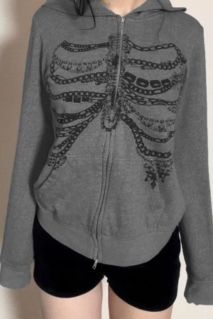 Beaded Chain Rib Print Zipper Hoodie - Loose Versatile Subculture Jacket for Y2K & Streetwear Style