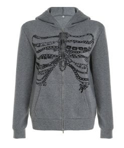 Beaded Chain Rib Print Zipper Hoodie - Loose Versatile Subculture Jacket for Y2K & Streetwear Style